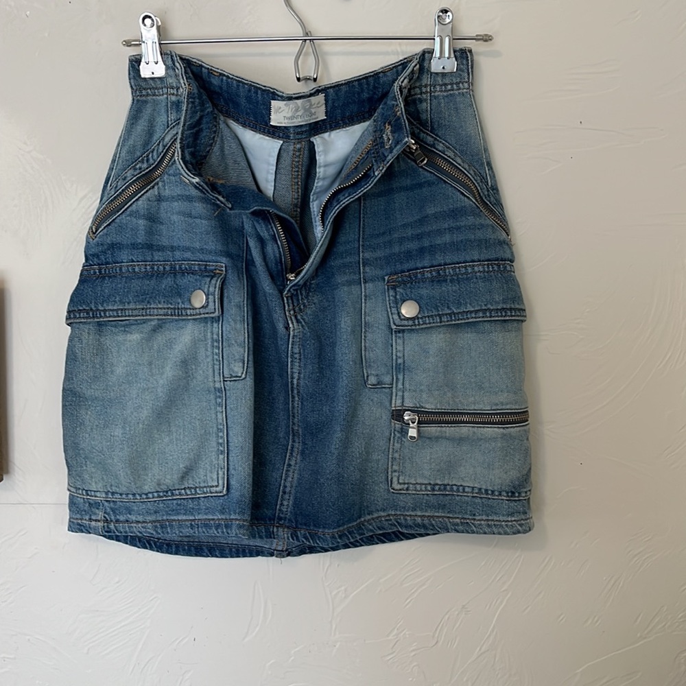 Free People denim skirt with cargo pockets, zippers & hardware